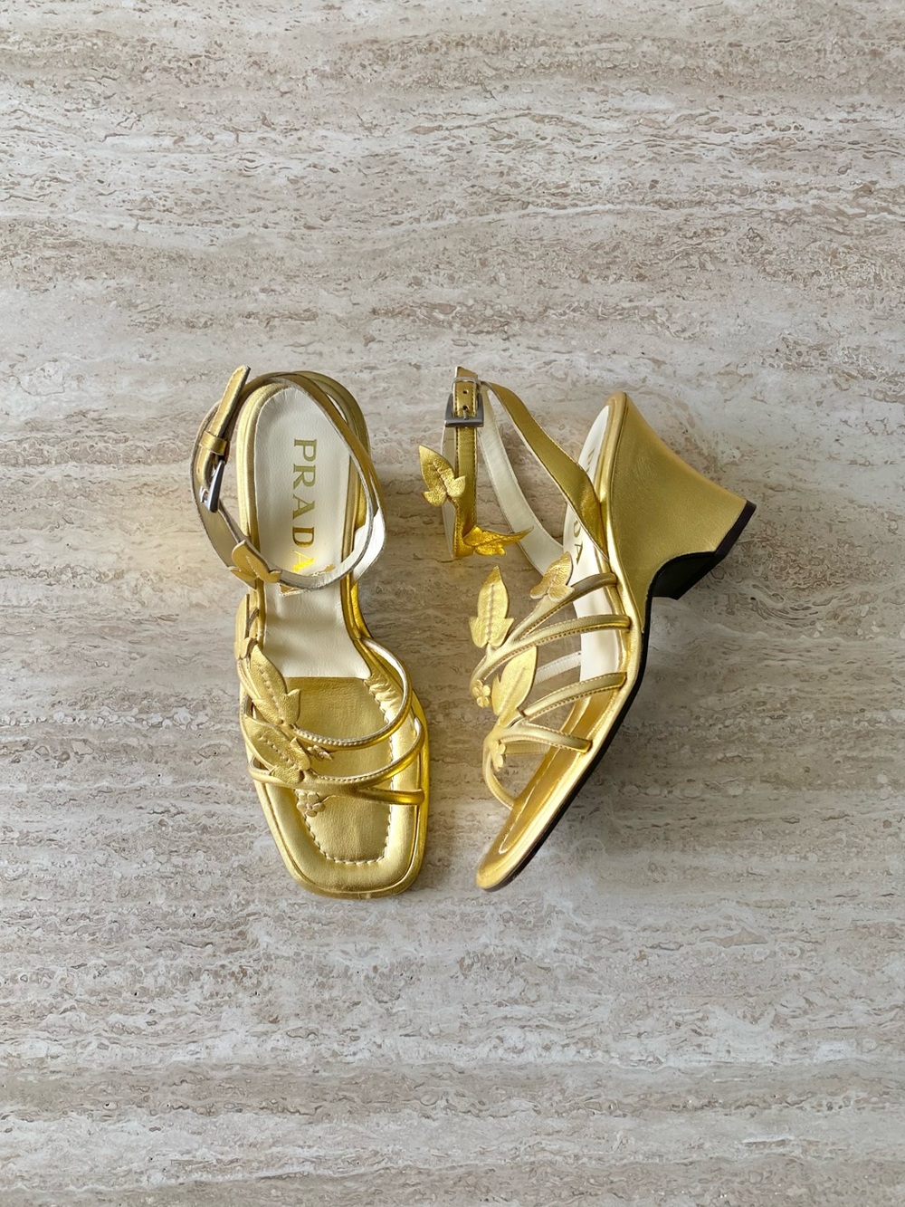 Vintage Prada Leaf Ankle Strap Sandal Wedges